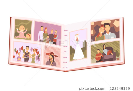 Family photo album. Old photographs. Photography with happy people. Good memory. Vector illustration in cartoon style 128249359