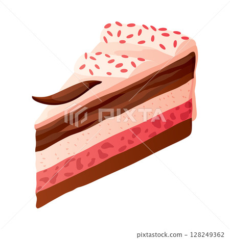 Cake slice. Colorful sweet cake piece, isolated on white. Cafe dessert menu, isometric hand drawn icon. Cute cartoon vector illustration Cake slice. Colorful sweet cake piece, isolated on white. Cafe dessert menu, isometric hand drawn icon. Cute cartoon vector illustration 128249362