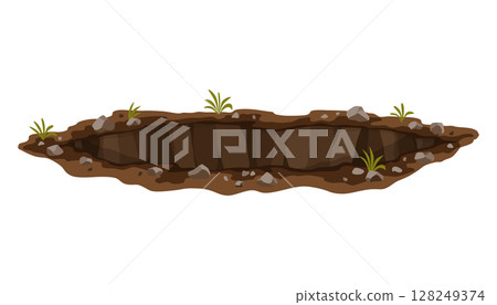 Hole ground. Works digging of sand coal waste rock or gravel. Brown, dry mine element of landscape. Cartoon illustration 128249374