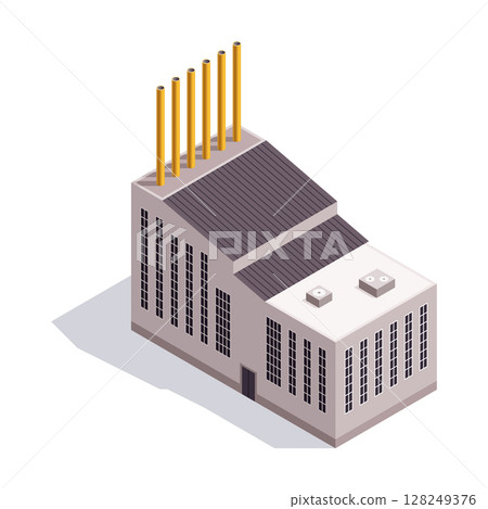 Isometric factory. Concept of industrial plant with chimney tower or pipes. Industrial bulding. 3d isolated icon. Architecture of manufacture house Isometric factory. Concept of industrial plant with chimney tower or pipes. Industrial bulding. 3d isolated icon. Architecture of manufacture house 128249376