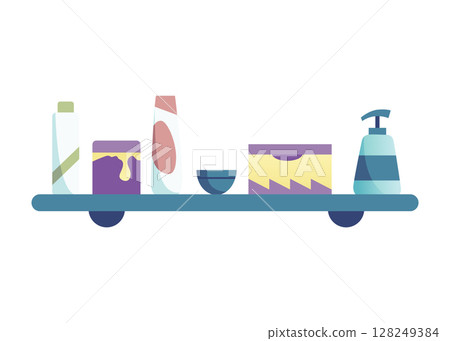 A shelf displaying a variety of different cosmetics arranged beautifully on it A shelf displaying a variety of different cosmetics arranged beautifully on it 128249384