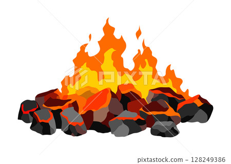 Burning coal. Realistic bright flame fire on coals heap. Closeup vector illustration for grill blaze fireplace, hot carbon or glowing charcoal image Burning coal. Realistic bright flame fire on coals heap. Closeup vector illustration for grill blaze fireplace, hot carbon or glowing charcoal image 128249386