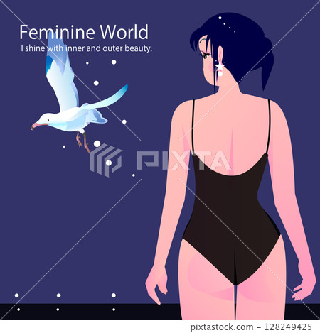 站在海灘上看海鷗的可愛女人 128249425