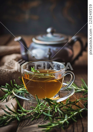 A cup of herbal tea with rosemary leaves on a wooden table. A cup of herbal tea with rosemary leaves on a wooden table. 128249559