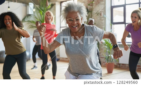 Seniors engage in group fitness, smiling and stretching, showcasing the benefits of staying active in their golden years. 128249560