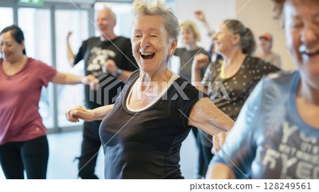 A vibrant group of seniors performs exercises in unison, celebrating the importance of staying physically active in later years. 128249561