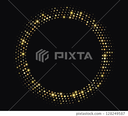 Golden halftone frame, glowing circle border, round pattern with dots, radial disco luxury design element. Golden halftone frame, glowing circle border, round pattern with dots, radial disco luxury design element. 128249587
