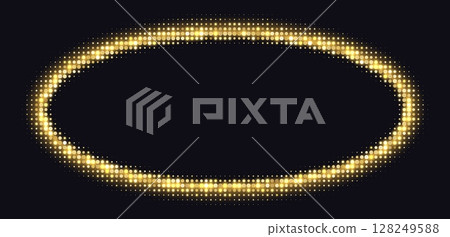 Golden halftone oval frame, glowing circle border, round pattern with dots, radial disco luxury design element. 128249588