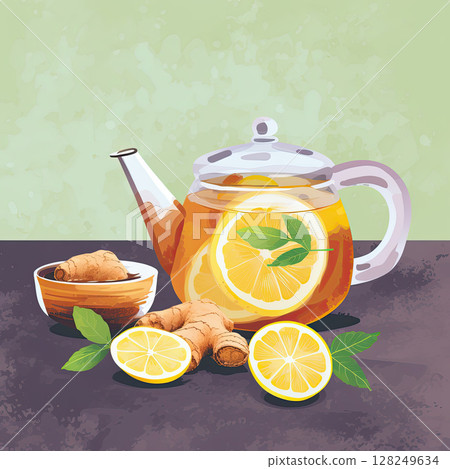 comforting and immune-boosting qualities of ginger tea; often enjoyed during cold seasons; i llustration in flat style comforting and immune-boosting qualities of ginger tea; often enjoyed during cold seasons; i llustration in flat style 128249634