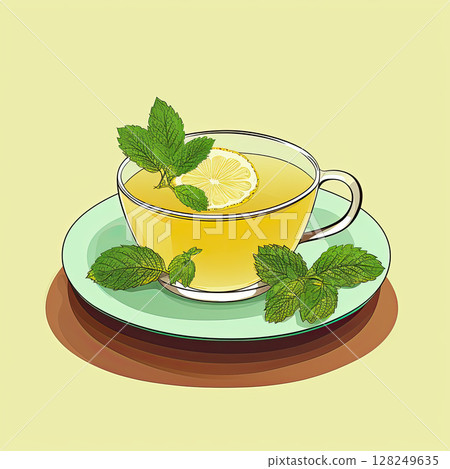 lemon balm tea:  teacup lemon balm tea.  fresh lemon balm leaves  imparting a herbaceous aroma, illustration 128249635