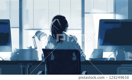 A solitary office worker stares out a window, lost in thought. A solitary office worker stares out a window, lost in thought. 128249638