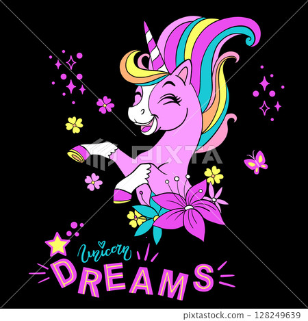 Cute cartoon Unicorn flowers on a black background vector Cute cartoon Unicorn flowers on a black background vector 128249639