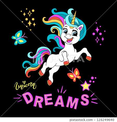Cute cartoon character happy jumping unicorn vector illustration 128249640
