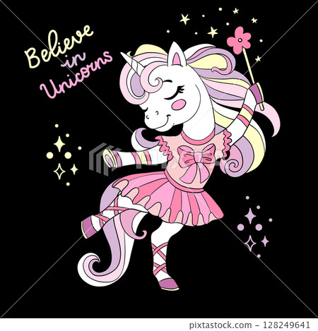 Cute dancing unicorn with lettering vector illustration 128249641