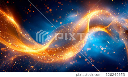 Golden liquid swirl floating in zero gravity with data particles and digital textures on deep electric blue background Golden liquid swirl floating in zero gravity with data particles and digital textures on deep electric blue background 128249653