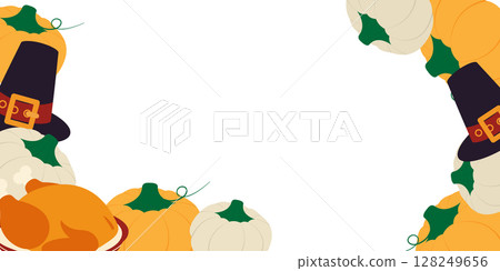 Autumn Pumpkins orange and white Pilgrim Hat and Fried Turkey on Plate Double sided Frame Copy space Autumn Pumpkins orange and white Pilgrim Hat and Fried Turkey on Plate Double sided Frame Copy space 128249656