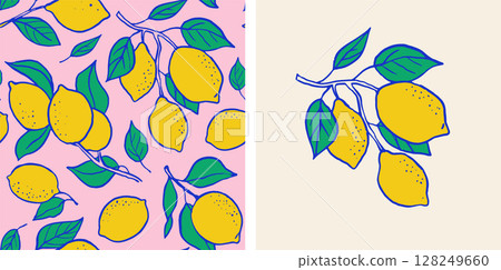 Hand drawn summer seamless patterns with lemons and leaves. 128249660