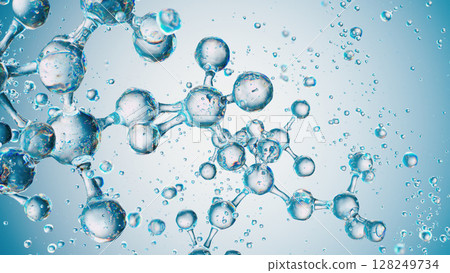 Molecular Harmony: Atoms in Water with a Serene Blue Background 128249734