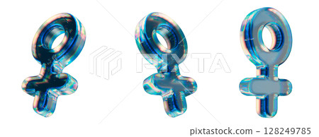 Shiny Glass Female Gender Symbols in Three Varied Angles on White Background 128249785