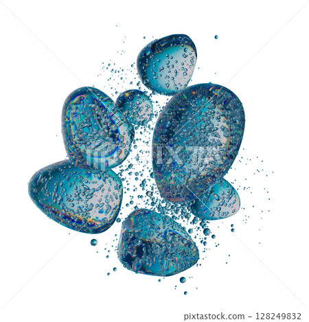 Abstract Iridescent Bubble with Surrounding Water Droplets on White Background 128249832