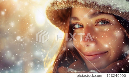 A girl with a bright smile, walking on a winter day as snow swirls around her. 128249900