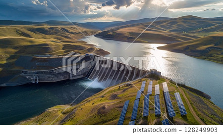 Solar panels, wind turbines, and hydroelectric dams are integrated into a natural landscape of hills, embodying sustainable energy. 128249903