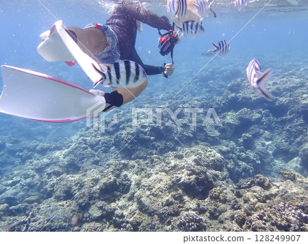 Woman taking pictures with an underwater camera Woman taking pictures with an underwater camera 128249907