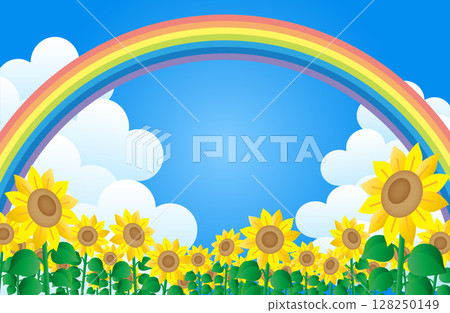 An illustration of a clear blue sky with a rainbow over a sunflower field An illustration of a clear blue sky with a rainbow over a sunflower field 128250149
