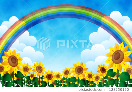 向日葵田和夏日天空上彩虹的背景插圖 向日葵田和夏日天空上彩虹的背景插圖 128250150