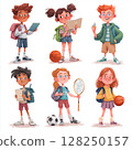 Boys and girls holding school supplies and sports equipment. Ideal for educational themes, back-to-school promotions, childhood development, and active lifestyle concepts. Bright and cheerful 128250157