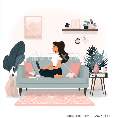 A modern freelance professional balances remote work and wellness in a cozy home setting. The image shows a person multitasking between yoga and answering emails, surrounded by everyday essentials. A modern freelance professional balances remote work and wellness in a cozy home setting. The image shows a person multitasking between yoga and answering emails, surrounded by everyday essentials. 128250158