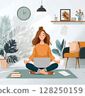 A modern freelance professional balances remote work and wellness in a cozy home setting. The image shows a person multitasking between yoga and answering emails, surrounded by everyday essentials: a 128250159