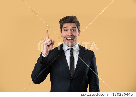 Genius Idea. Resourceful 30S Aged Businessman.eureka Moment,Pointing Finger Up 128250449