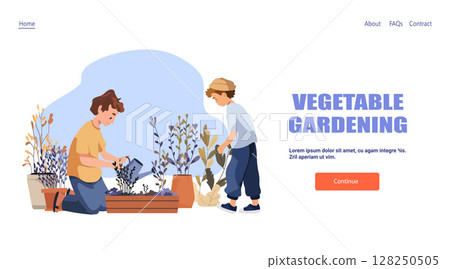 Vegetable gardening family planting watering plants outdoor garden pots soil landing page template 128250505