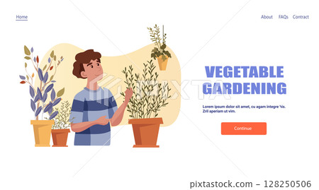 Vegetable gardening young man caring potted plants indoor foliage modern website landing page template 128250506