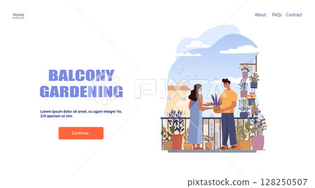 Balcony gardening urban couple caring plants outdoor pots modern apartment cityscape website landing page template 128250507