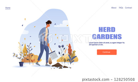Man gardening autumn leaves plants outdoor landscape colorful foliage website landing page 128250508