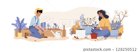 Gardening people planting vegetables and flowers outdoor teamwork man watering woman potting plants colorful garden background flat design 128250512