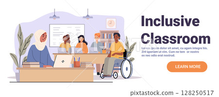 Inclusive classroom diverse students and teacher learning together modern school interior books laptops wheelchair accessibility educational website banner 128250517