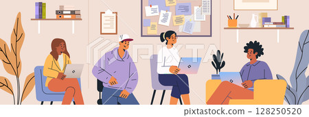 Students group study collaboration laptops classroom modern workspace bulletin board books plants shelves casual seating teamwork education Students group study collaboration laptops classroom modern workspace bulletin board books plants shelves casual seating teamwork education 128250520