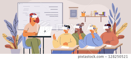 Students using virtual reality headsets classroom technology teacher laptop education modern learning plants books whiteboard 128250521
