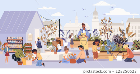 School garden outdoor education children planting flowers urban greenery teacher students teamwork greenhouse city background colorful plants 128250522