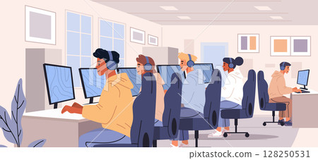 Students computer lab learning technology teamwork classroom modern workspace diverse people headphones screens desks bright interior 128250531