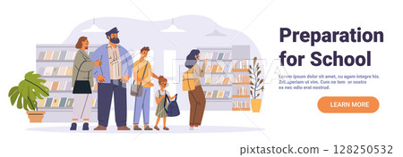Family back to school shopping bookstore parents children browsing shelves plants modern interior website banner Family back to school shopping bookstore parents children browsing shelves plants modern interior website banner 128250532