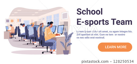 School esports team students gaming computers classroom headsets teamwork monitors modern interior plant digital learning website banner 128250534