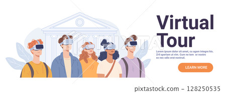 Students virtual reality museum tour diverse young people wearing VR headsets ancient building background modern education technology website banner 128250535