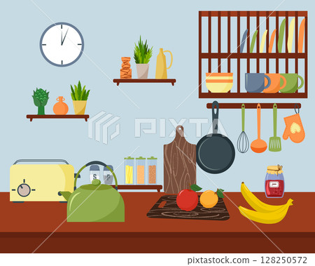 Modern flat design illustration of a cozy kitchen interior. Home cooking space with furniture, utensil, appliances, and food. 128250572
