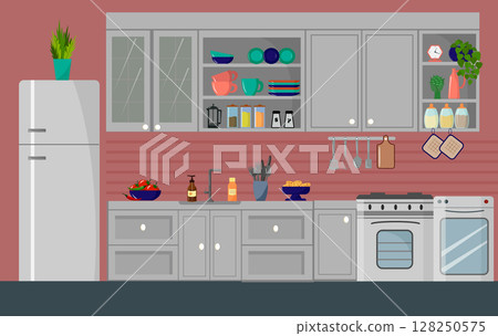 Modern home kitchen interior with furniture, fridge, stove, and sink. Modern home kitchen interior with furniture, fridge, stove, and sink. 128250575