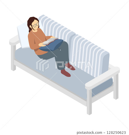 Isometric illustration: A woman reading a book on the sofa 128250623