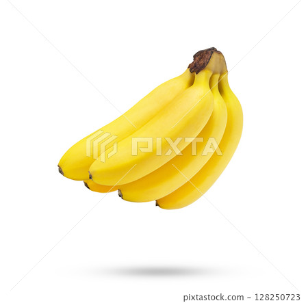 Levity baby banana isolated on white background. Floating bunch of bananas isolated. 128250723